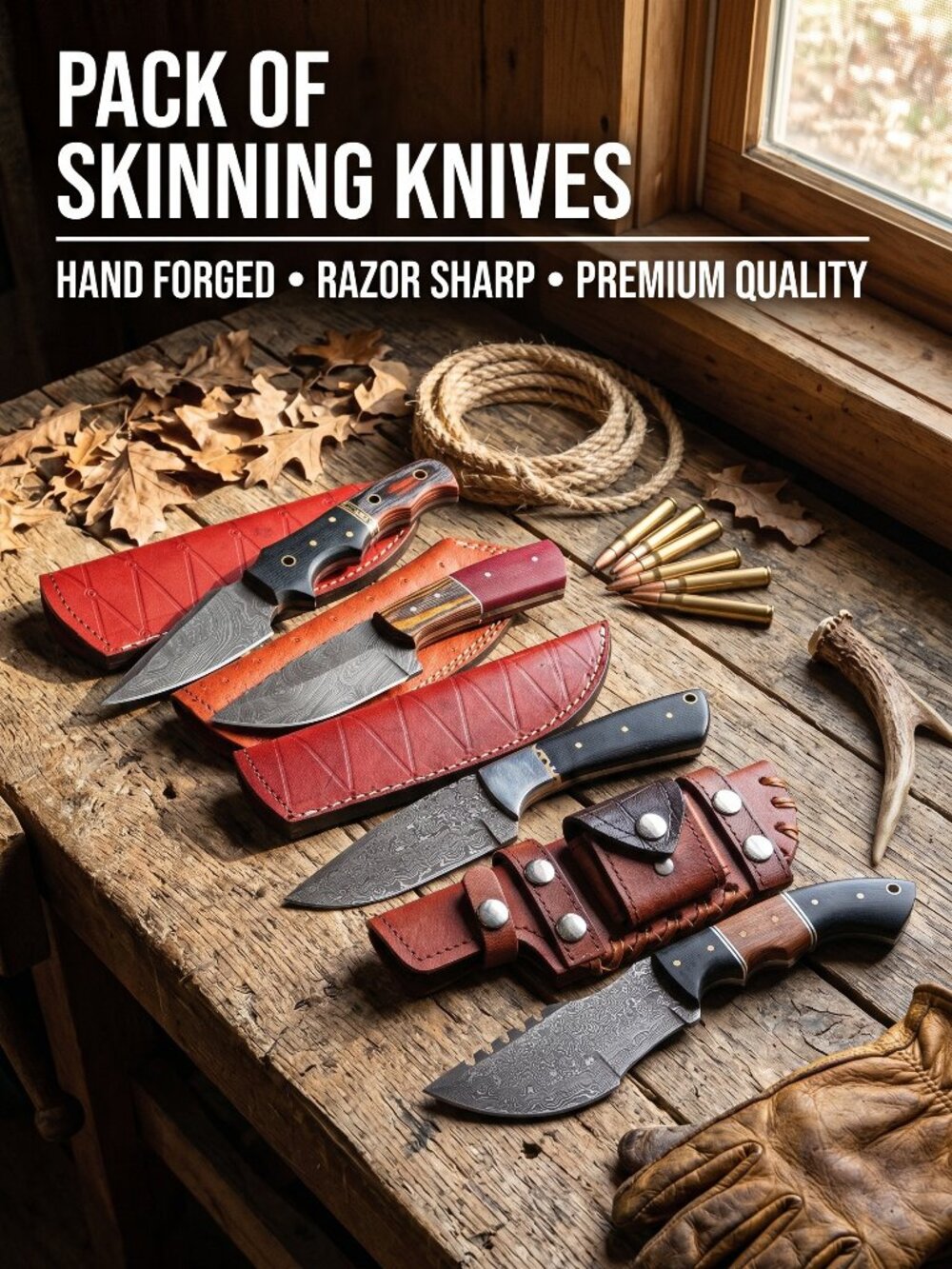 Damascus Knife Set of 4 Handmade Steel Outdoor Cutlery with Leather Sheaths New